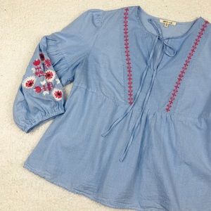 Bleuh Ciel Babydoll Blouse Floral Aztec Embroidery